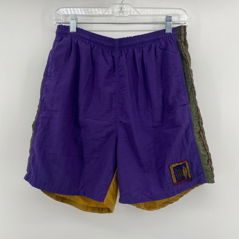 Weekends Beachwear Vintage 90s Colorblock Swim Trunks Purple Yellow Mens Medium